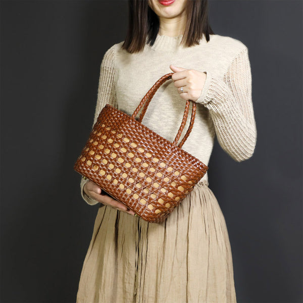 Elegant Ladies Woven Leather Tote Bag Shoulder Handbags For Women Brown