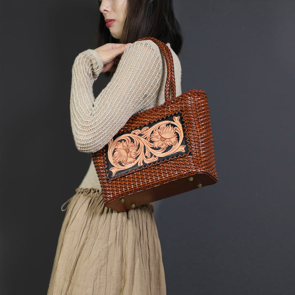 Ethnic Style Womens Woven Leather Tote Bag Brown Shoulder Bag Beautiful
