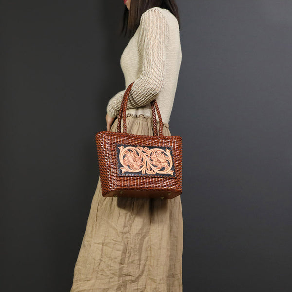 Ethnic Style Womens Woven Leather Tote Bag Brown Shoulder Bag Classy