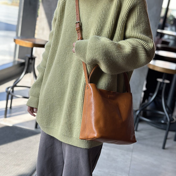 Full Grain Leather Bucket Bag for Women Vintage Cowhide Crossbody Handbag Affordable