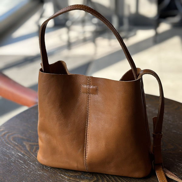 Full Grain Leather Bucket Bag for Women Vintage Cowhide Crossbody Handbag Badass