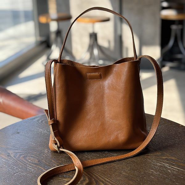 Full Grain Leather Bucket Bag for Women Vintage Cowhide Crossbody Handbag Casual
