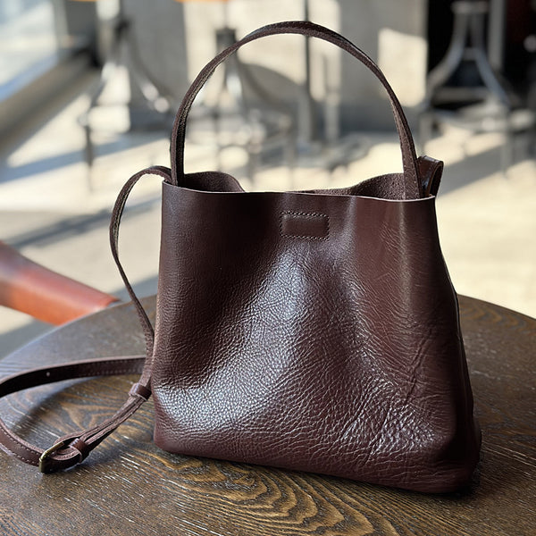 Full Grain Leather Bucket Bag for Women Vintage Cowhide Crossbody Handbag Chic