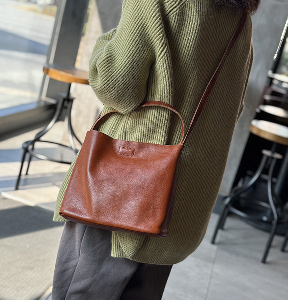 Full Grain Leather Bucket Bag for Women Vintage Cowhide Crossbody Handbag Cool