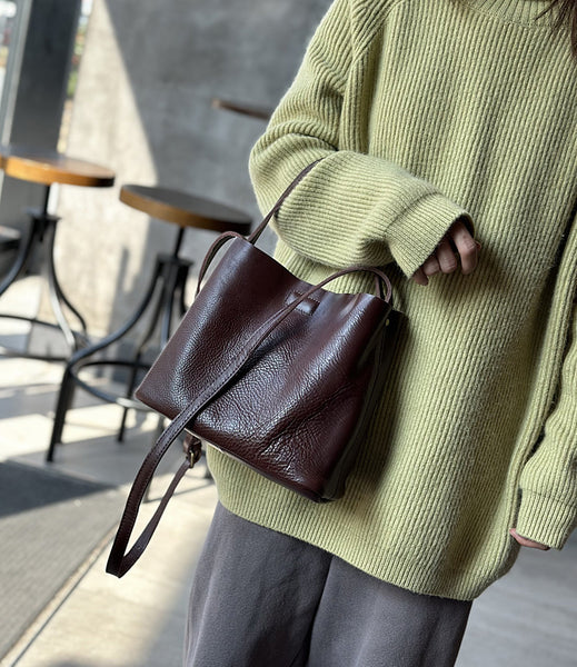 Vintage Genuine Leather Bucket Bag for Women Minimalist Top Handle Crossbody Purse
