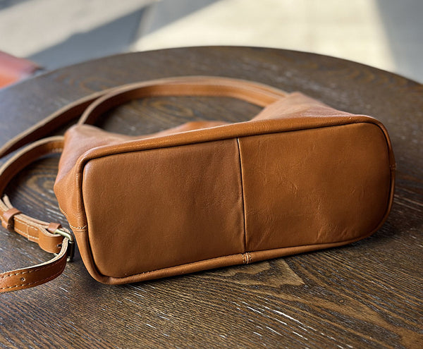 Full Grain Leather Bucket Bag for Women Vintage Cowhide Crossbody Handbag Details