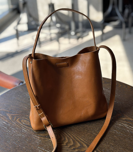 Full Grain Leather Bucket Bag for Women Vintage Cowhide Crossbody Handbag Durable