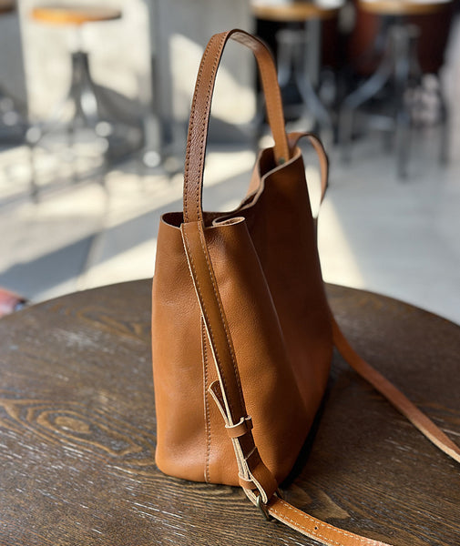 Full Grain Leather Bucket Bag for Women Vintage Cowhide Crossbody Handbag Fashion
