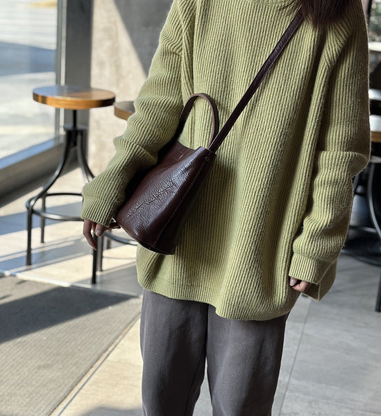 Full Grain Leather Bucket Bag for Women Vintage Cowhide Crossbody Handbag Handmade