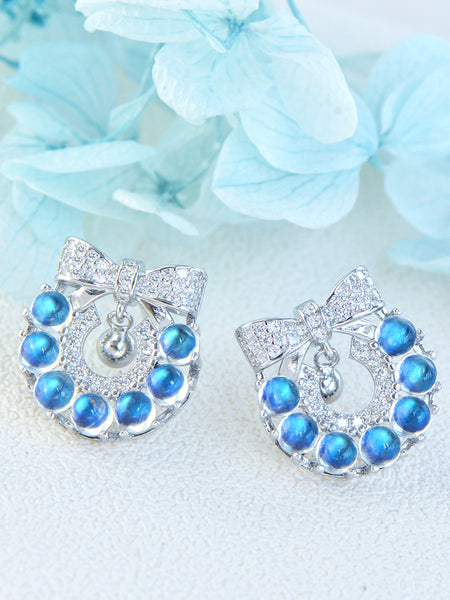 Genuine Blue Moonstone Silver Earrings Christmas Wreath Silver Stud Earrings For Women