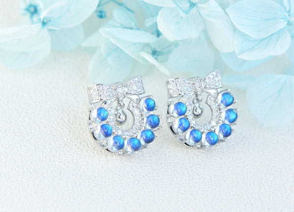Genuine Blue Moonstone Silver Earrings Christmas Wreath Silver Stud Earrings For Women Elegant