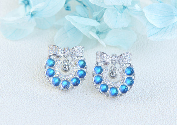 Genuine Blue Moonstone Silver Earrings Christmas Wreath Silver Stud Earrings For Women Quality