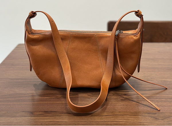 Genuine Leather Crescent Crossbody Bag for Women Adjustable Shoulder Bag with Zipper CompartmentsBack