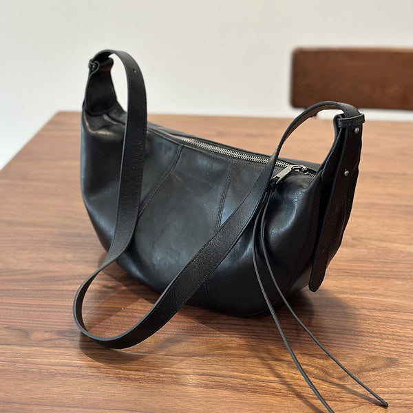 Genuine Leather Crescent Crossbody Bag for Women Adjustable Shoulder Bag with Zipper CompartmentsBlack