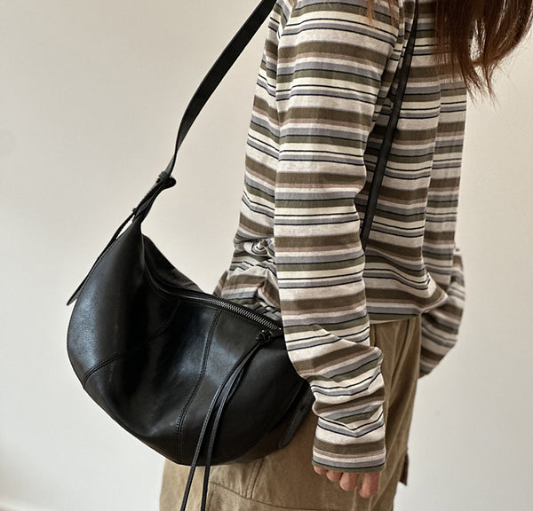 Women's Soft Leather Crossbody Purse Casual Half-Moon Shoulder Bag with Zipper Compartments Interior