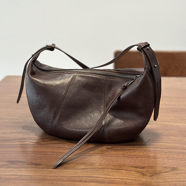 Genuine Leather Crescent Crossbody Bag for Women Adjustable Shoulder Bag with Zipper Compartments Elegant