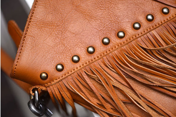 Genuine Leather Fringe Crossbody Bag for Women Boho Western Shoulder Purse with Studs
