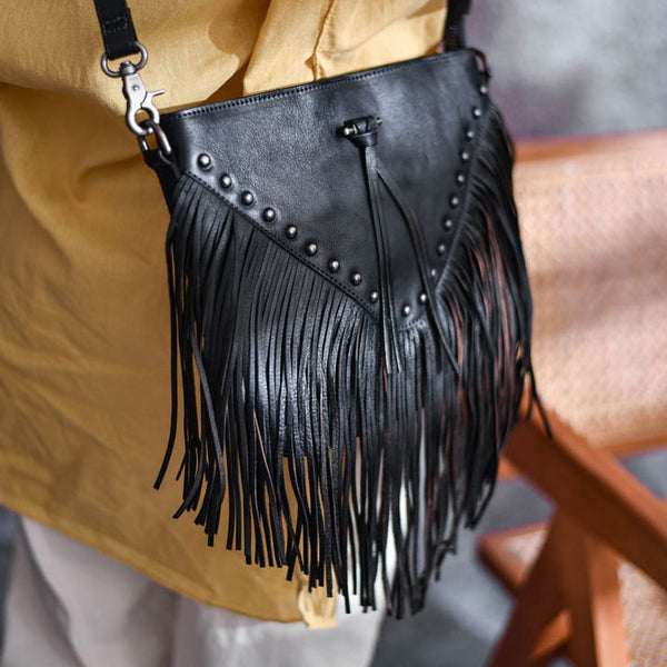 Genuine Leather Fringe Crossbody Bag for Women Boho Western Shoulder Purse with Studs