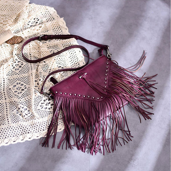 Genuine Leather Fringe Crossbody Bag for Women Boho Western Shoulder Purse with Studs
