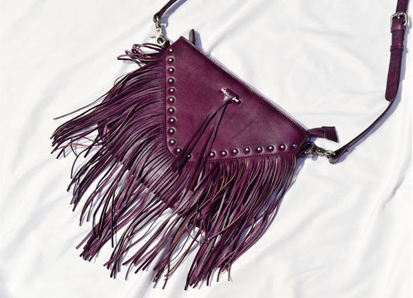 Genuine Leather Fringe Crossbody Bag for Women Boho Western Shoulder Purse with Studs