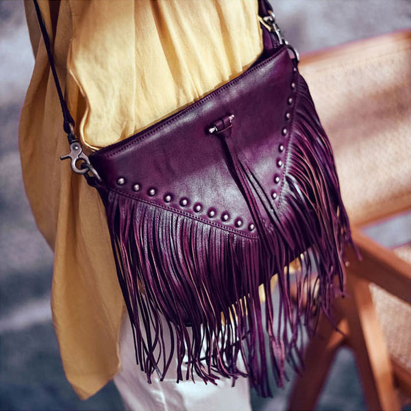 Genuine Leather Fringe Crossbody Bag for Women Boho Western Shoulder Purse with Studs