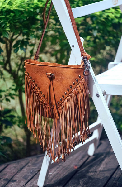 Genuine Leather Fringe Crossbody Bag for Women Boho Western Shoulder Purse with Studs