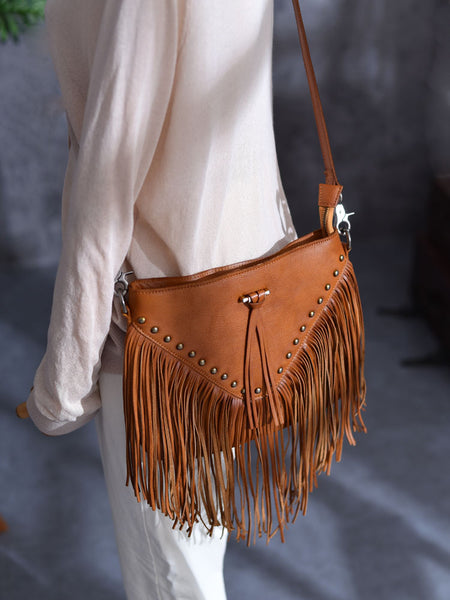 Genuine Leather Fringe Crossbody Bag for Women Boho Western Shoulder Purse with Studs