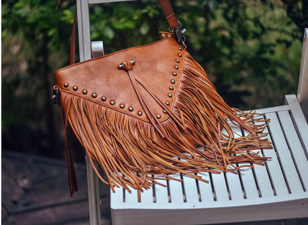 Genuine Leather Fringe Crossbody Bag for Women Boho Western Shoulder Purse with Studs