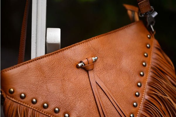 Genuine Leather Fringe Crossbody Bag for Women Boho Western Shoulder Purse with Studs