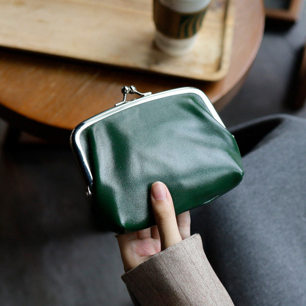 Genuine Leather Kiss Lock Wallet for Women Mini Bifold Coin Purse Beautiful