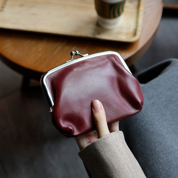 Genuine Leather Kiss Lock Wallet for Women Mini Bifold Coin Purse Chic