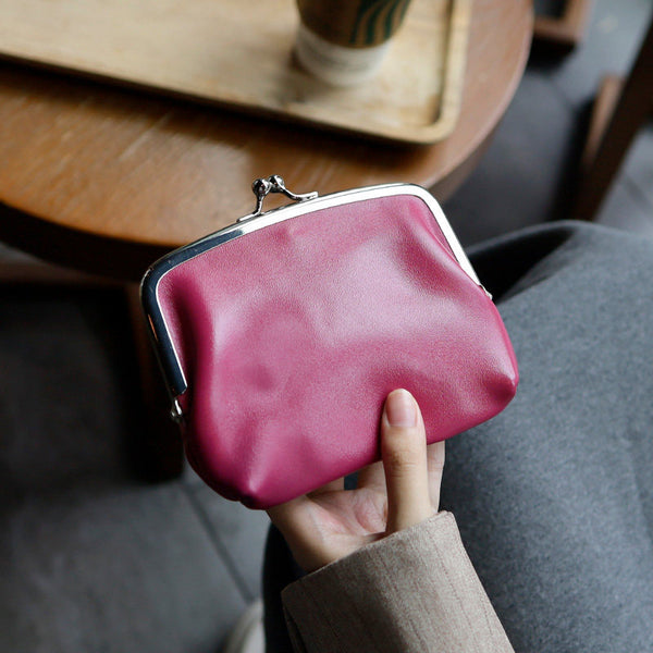 Genuine Leather Kiss Lock Wallet for Women Mini Bifold Coin Purse Classic