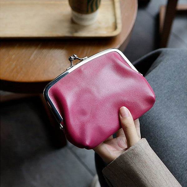 Genuine Leather Kiss Lock Wallet for Women Mini Bifold Coin Purse Cool