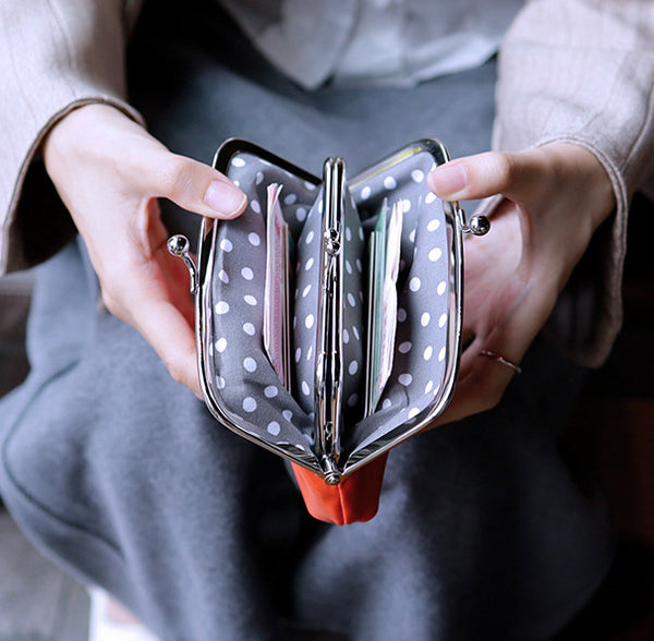 Genuine Leather Kiss Lock Wallet for Women Mini Bifold Coin Purse Details