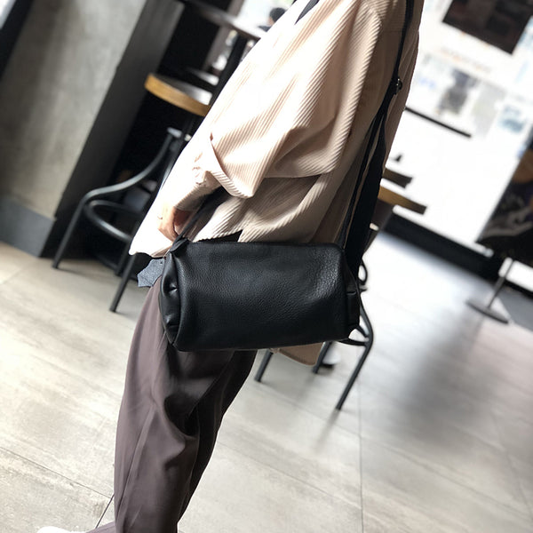 Vintage Womens Soft Leather Barrel Bag Small Leather Crossbody Bag
