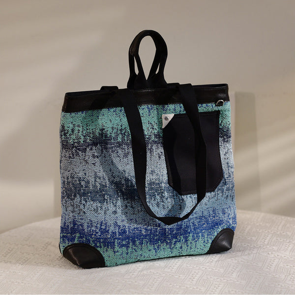 Gradient Blue Canvas Tote Bag for Women Large Cotton Canvas Shoulder Bag with Leather Trim Badass
