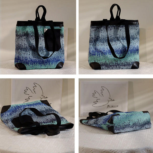 Gradient Blue Canvas Tote Bag for Women Large Cotton Canvas Shoulder Bag with Leather Trim Beautiful