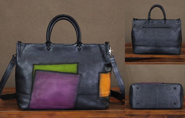 Handcrafted Genuine Leather Tote Bag for Women Vintage Patchwork Handbag with Shoulder Strap
