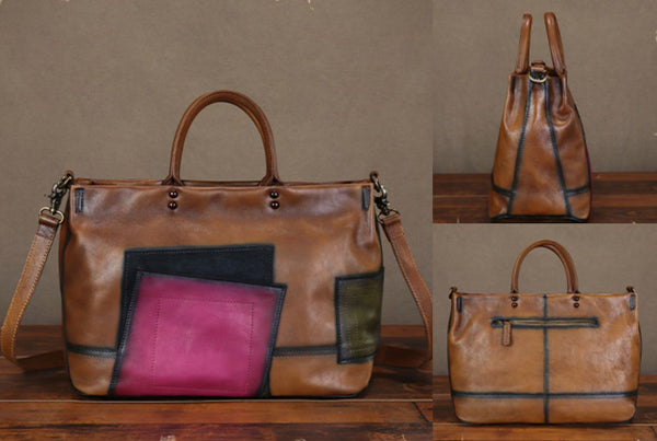 Retro Genuine Leather Tote for Women Multi-Color Patchwork Shoulder Crossbody Bag