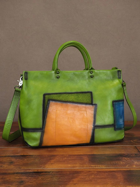 Women’s Real Leather Handbag Artistic Patchwork Tote Purse Hand-Painted Vintage Style