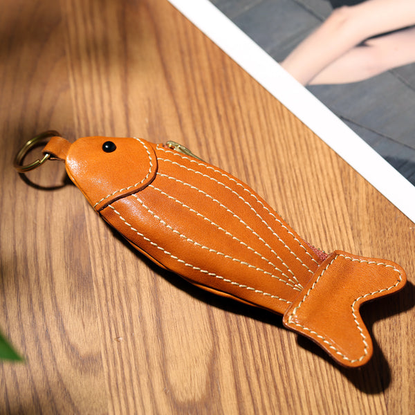Handmade Genuine Leather Fish Coin Purse and Key Holder Vegetable Tanned Cowhide Cute Small Zipper Pouch Affordable