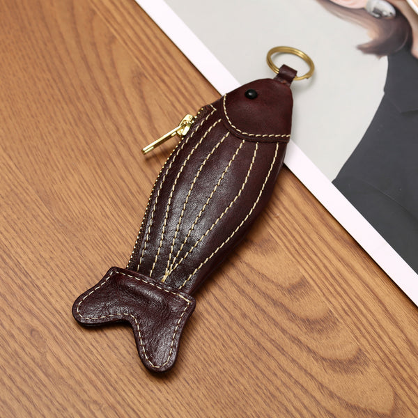 Handmade Genuine Leather Fish Coin Purse and Key Holder Vegetable Tanned Cowhide Cute Small Zipper Pouch Beautiful