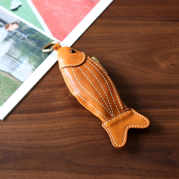 Handmade Genuine Leather Fish Coin Purse and Key Holder-Vegetable Tanned Cowhide Cute Small Zipper Pouch