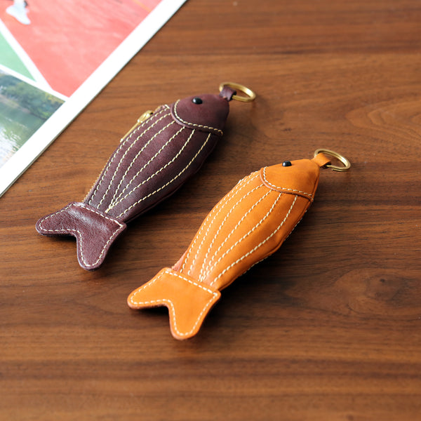 Handmade Genuine Leather Fish Coin Purse and Key Holder Vegetable Tanned Cowhide Cute Small Zipper Pouch Casual