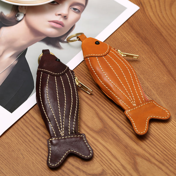 Womens Fish Shaped Leather Key Case and Coin Pouch Handmade Vegetable Tanned Cowhide Mini Purse