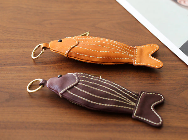Handmade Genuine Leather Fish Coin Purse and Key Holder Vegetable Tanned Cowhide Cute Small Zipper Pouch Cute