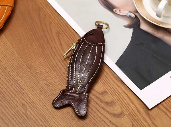 Handmade Genuine Leather Fish Coin Purse and Key Holder Vegetable Tanned Cowhide Cute Small Zipper Pouch Fashion