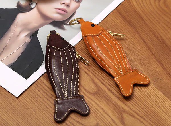 Handmade Genuine Leather Fish Coin Purse and Key Holder Vegetable Tanned Cowhide Cute Small Zipper Pouch Genuine-Leather