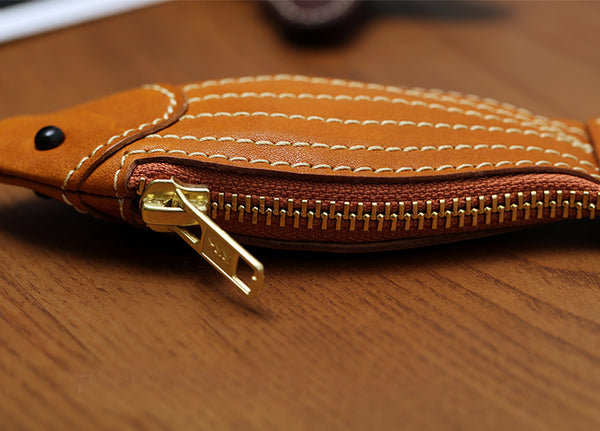 Handmade Genuine Leather Fish Coin Purse and Key Holder Vegetable Tanned Cowhide Cute Small Zipper Pouch Handmade