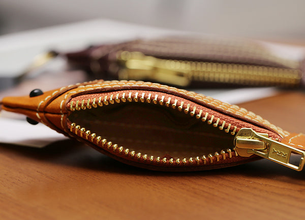 Handmade Genuine Leather Fish Coin Purse and Key Holder Vegetable Tanned Cowhide Cute Small Zipper Pouch Inside